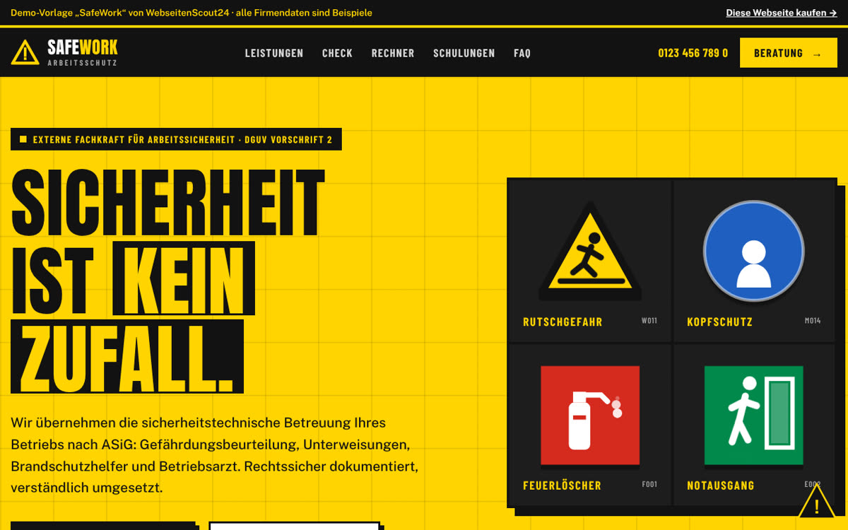 Beispiel-Webseite für Arbeitssicherheit: Vorlage SafeWork