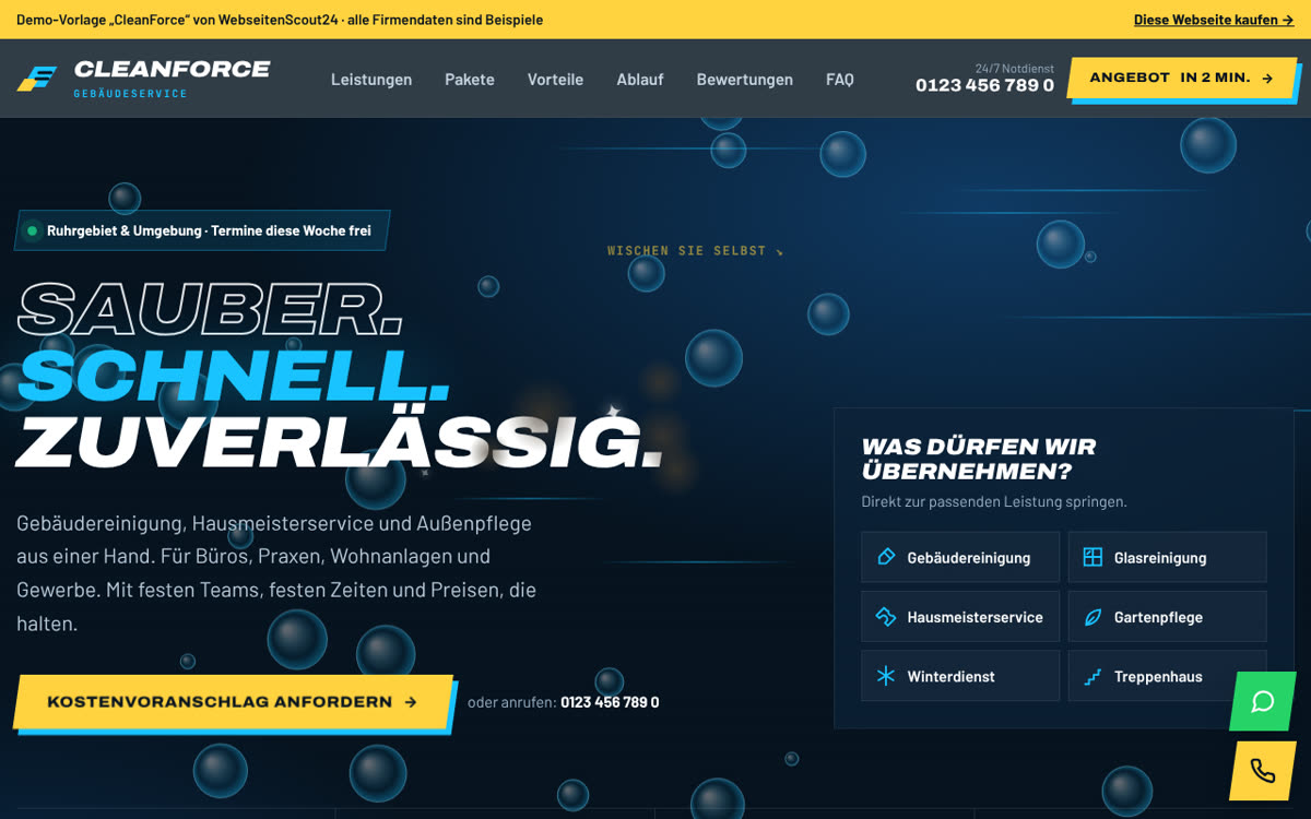 Beispiel-Webseite für Gebäudereinigung: Vorlage CleanForce