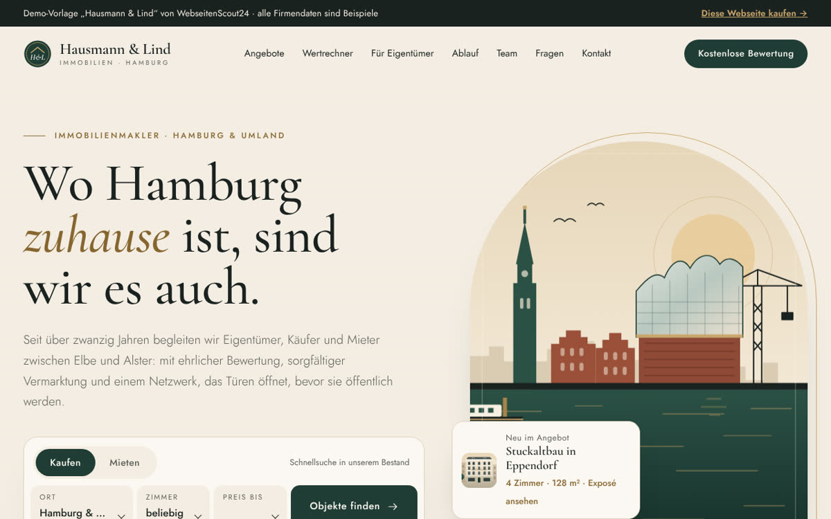 Beispiel-Webseite für Immobilienmakler: Vorlage Hausmann & Lind