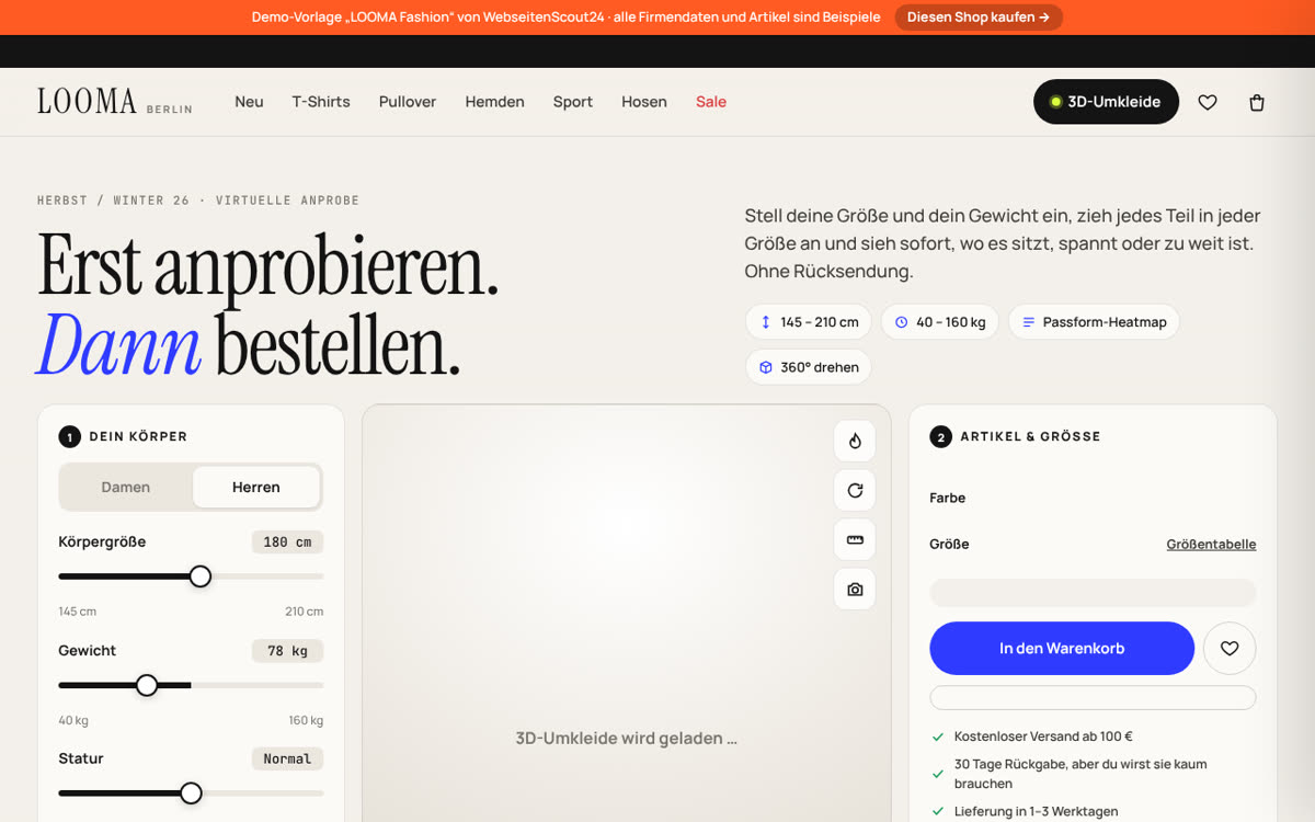 Beispiel-Webseite für Modeshop: Vorlage LOOMA