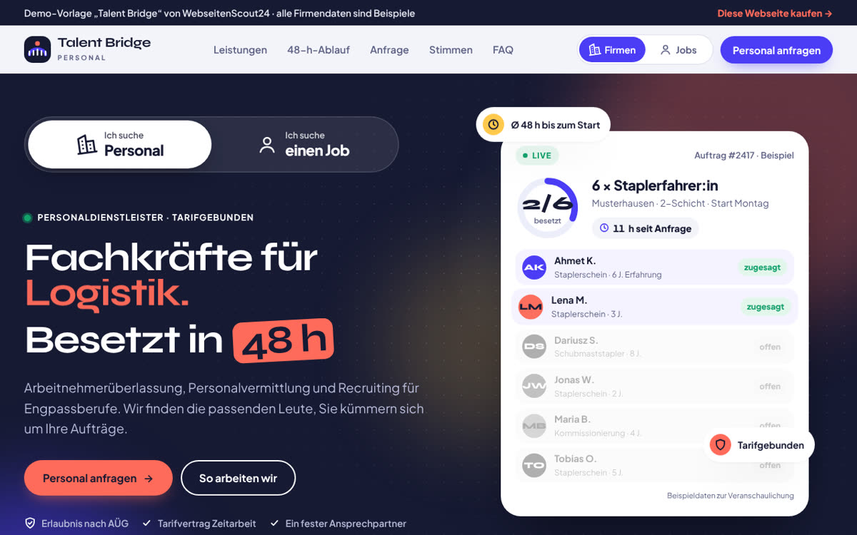 Beispiel-Webseite für Personaldienstleister: Vorlage Talent Bridge