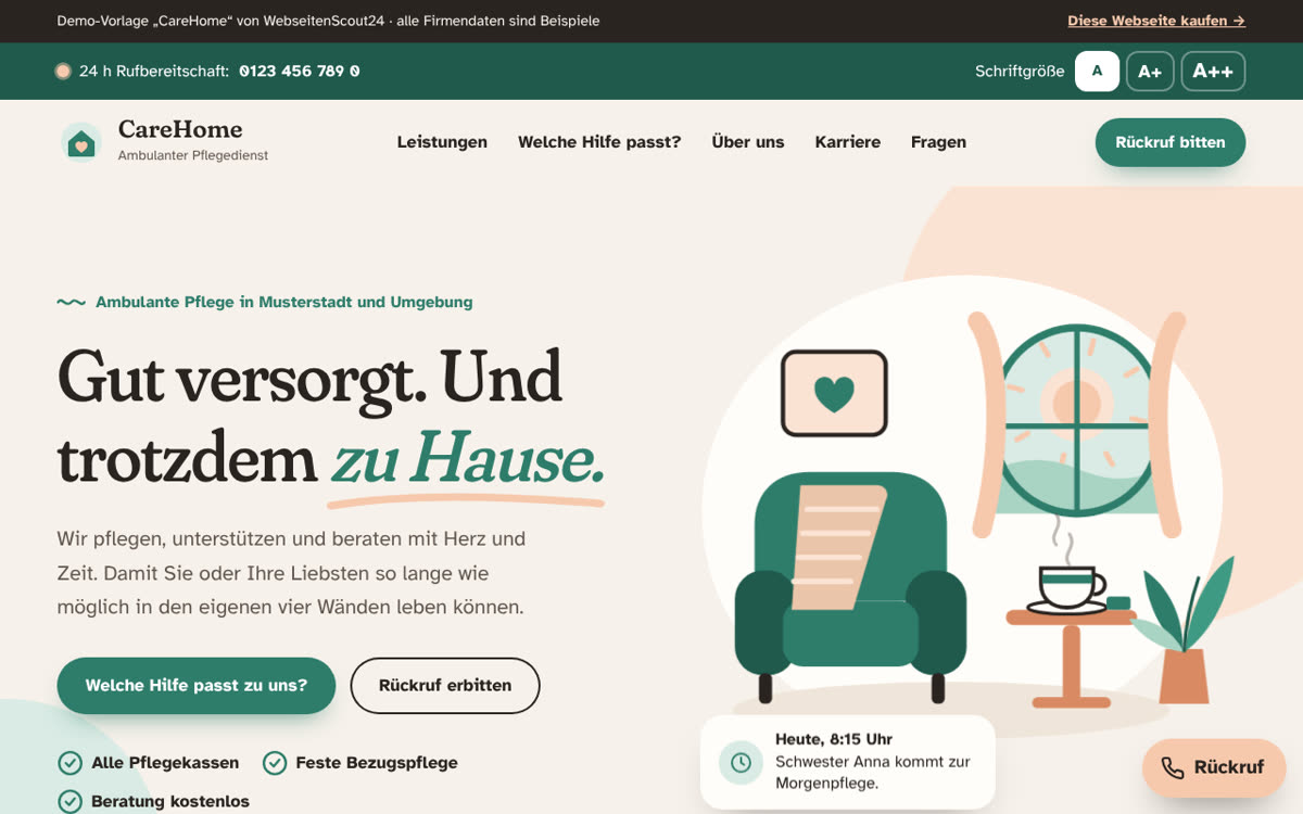 Beispiel-Webseite für Pflegedienst: Vorlage CareHome