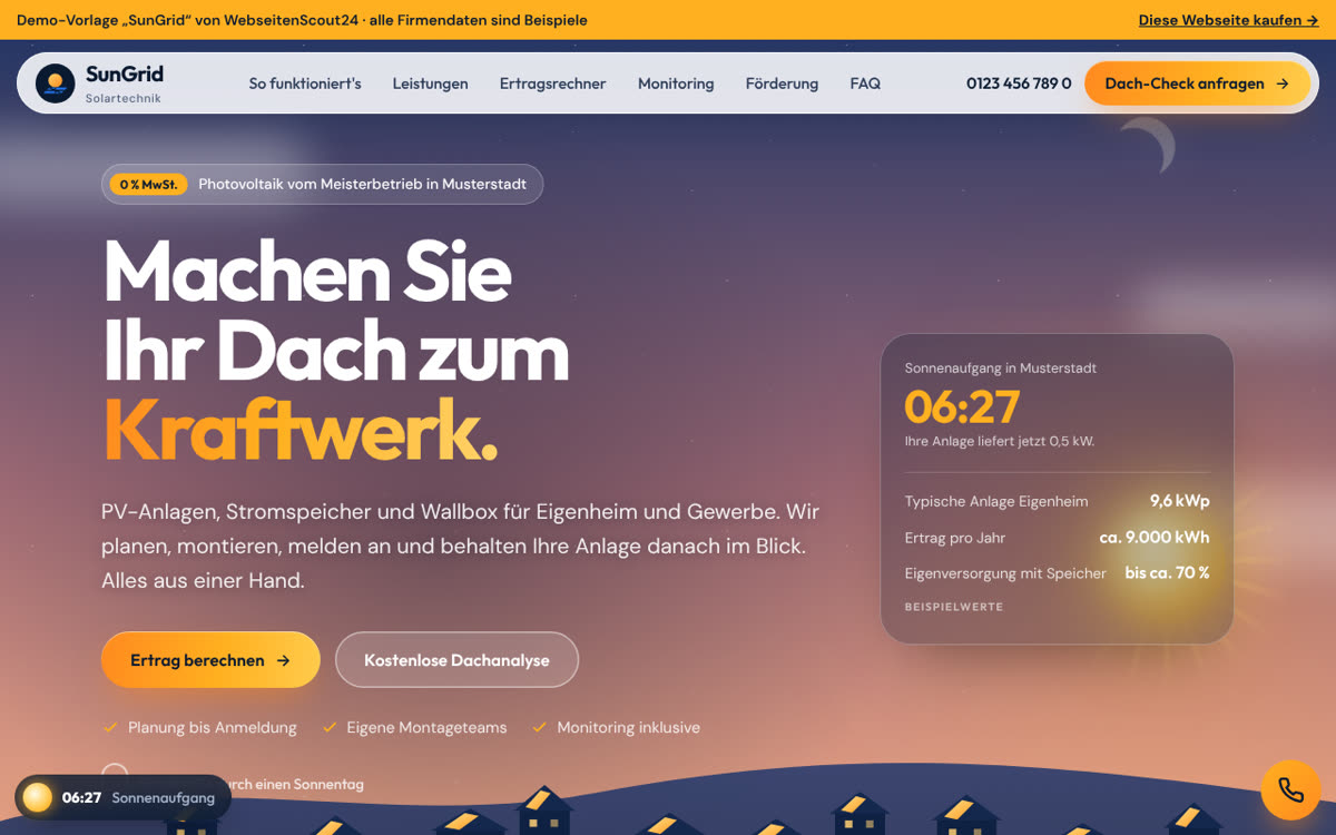 Beispiel-Webseite für Photovoltaik: Vorlage SunGrid