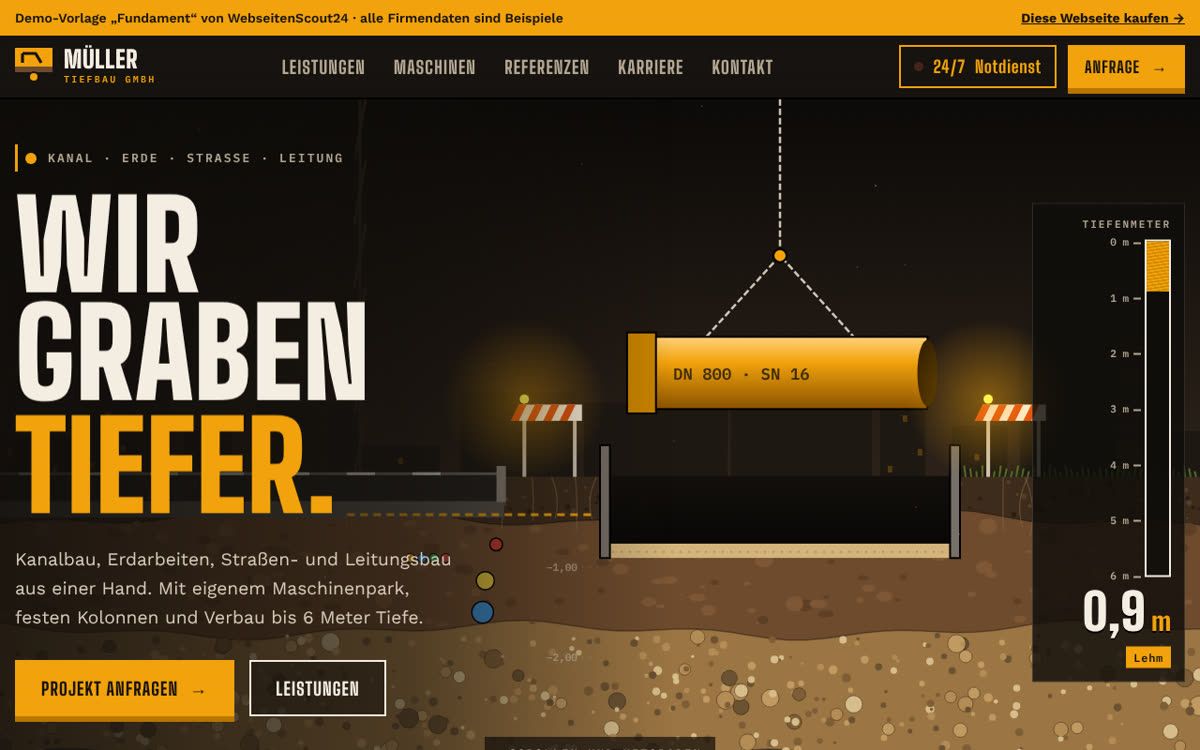 Beispiel-Webseite für Tiefbau: Vorlage Fundament