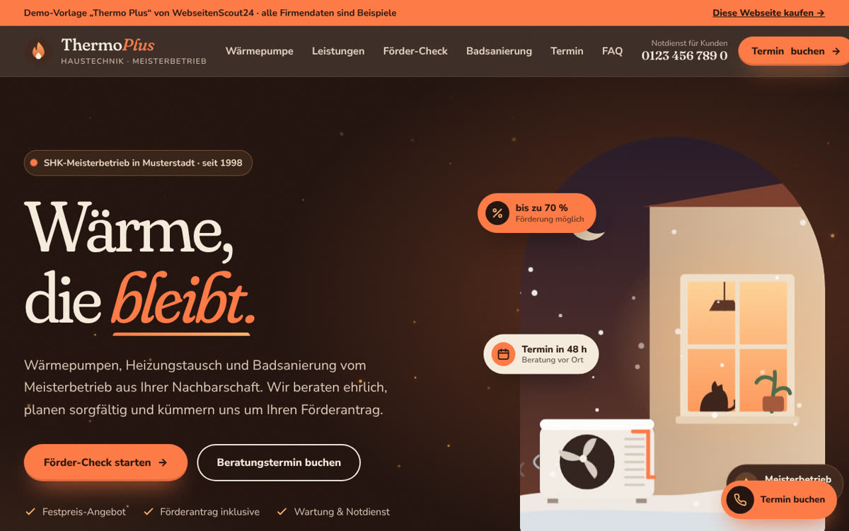 Beispiel-Webseite für Wärmepumpe & SHK: Vorlage Thermo Plus
