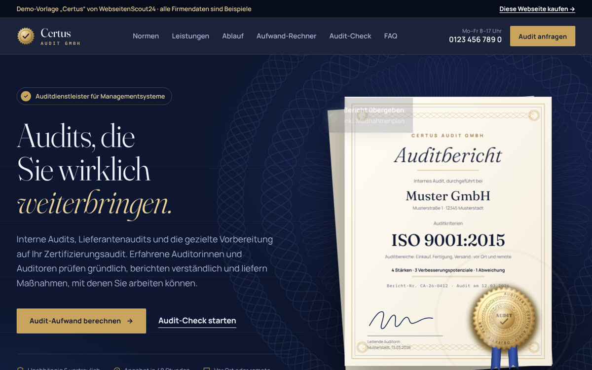 Beispiel-Webseite für Auditdienstleister: Vorlage Certus